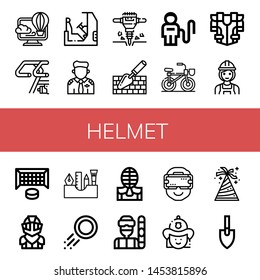 Set of helmet icons such as Virtual, Bike, Racing, Pilot, Jackhammer, Trowel, Astronaut, Bicycle, Armour, Builder, Hockey goal, Knight, Painting tools, Puck, Kendo, Snowboarder , helmet
