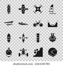 Set Helmet, Jet ski, Skate park, Drone flying, Formula 1 racing car, Hang glider, Longboard skateboard and Bicycle icon. Vector