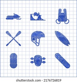 Set Helmet, Knee pads, Snowboard, Surfboard, Climber rope, Crossed paddle, Parachute and Snowmobile icon. Vector