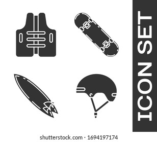 Set Helmet, Life jacket, Surfboard and Skateboard  icon. Vector
