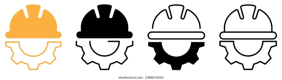 Set of helmet on the gear icons. Helmet and gear flat or line icons. Vector illustration isolated on white background
