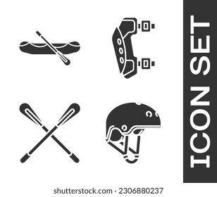 Set Helmet, Rafting boat, Crossed paddle and Knee pads icon. Vector