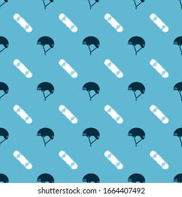 Set Helmet and Skateboard trick on seamless pattern. Vector