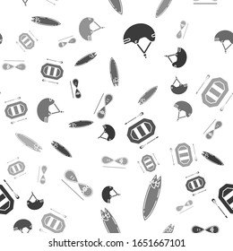 Set Helmet, Surfboard, Rafting boat and Skateboard trick on seamless pattern. Vector