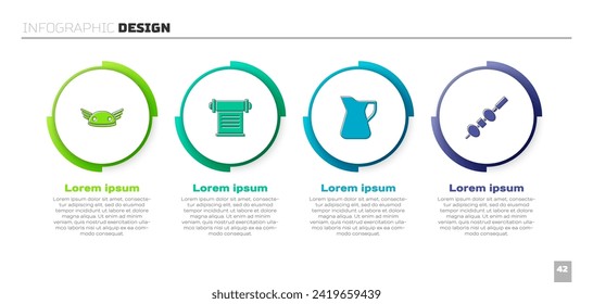 Set Helmet with wings, Decree, parchment, scroll, Bottle of olive oil and Olive and cheese on chopstick. Business infographic template. Vector