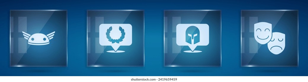Set Helmet with wings, Laurel wreath, Greek helmet and Comedy and tragedy masks. Square glass panels. Vector