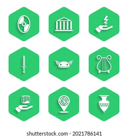Set Helm mit Flügeln, Minotaur Labyrinth, alte Amphoren, Lyre, Säule, mittelalterliches Schwert, Zeus und griechisches Schild Symbol. Vektorgrafik