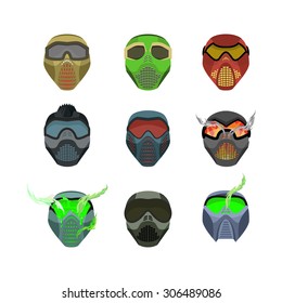 Set helmets and masks for sports. Devilish horrible mask. Scary Helmet for Paintball and motorcycle racing.  
