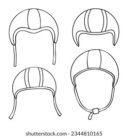 Colocar cascos para el arte de la línea de scooter. Casco de motocicleta protectora. Dibujo manual.