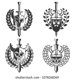 set of helmets with wreath and sword. Design element for logo, label, emblem, sign. Vector image