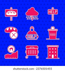 Ponga Ayuda a las personas sin hogar, Trash can, Edificio de varios pisos, Aumento del costo de la vivienda, Donación de comida, Pedir texto de ayuda e icono. Vector