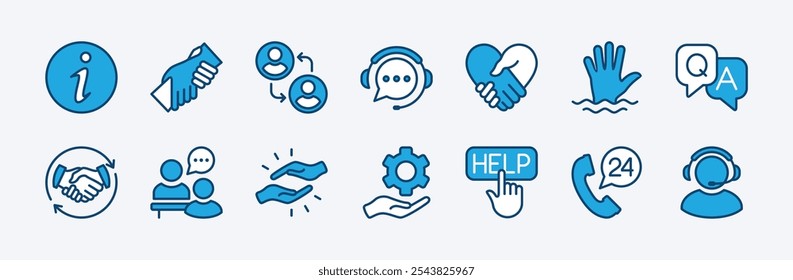 Conjunto de icono de ayuda. Contiene información, trabajo en equipo, caridad, Servicio al cliente, voluntariado, solidaridad, call center, entrevista, colaboración, cuidado, Asistencia, pregunta y respuesta, amistad, colaboración