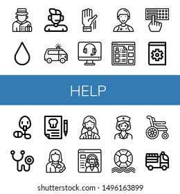 Set of help icons such as Bellboy, Blood drop, Support, Ambulance, Raise hand, Assistant, Information, Braille, Manual, Oxygen mask, Phonendoscope, Dental insurance, Secretary , help