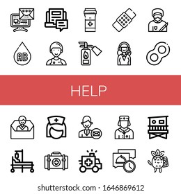Set of help icons. Such as Message, Blood type, Blog, Assistant, Pills, Fire extinguisher, Patch, Support services, Surgeon, Floats, Contact us, Hospital bed, Nurse , help icons