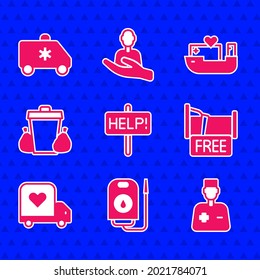 Set Help Sign, Blood Donation, Male Doctor, Free Overnight Stay House, Delivery Truck With Heart, Trash Can, Humanitarian Ship And Emergency Car Icon. Vector