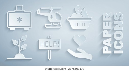 Set Help sign, Donation food box, Volunteer team planting trees, Heart hand, Rescue helicopter and First aid kit icon. Vector