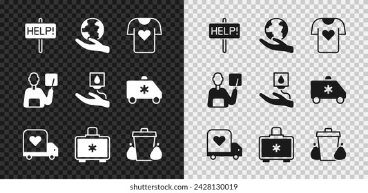 Set Help sign, Hand holding Earth globe, Clothes donation, Delivery truck with heart, First aid kit, Trash can, Teacher and Blood icon. Vector