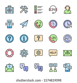 Set of Help and Support Flat Color Icons. Call Center, Chat Message, Contact and more.