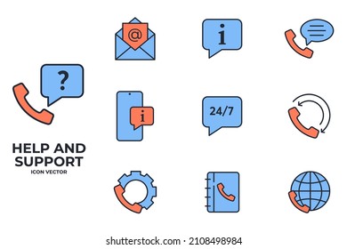 Conjunto de iconos de Ayuda y soporte técnico. Icono de Ayuda en línea. Plantilla de símbolo de Service Pack de soporte para ilustración vectorial de colección de diseño gráfico y web