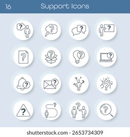 Set of help and support icons in flat style. Includes computer, phone, message, user, and question mark symbols. Perfect for customer service, technical support, apps, and business design. Vector