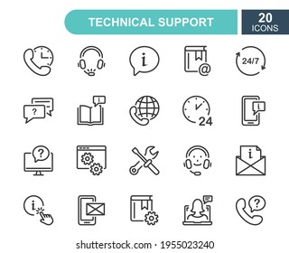 Set of Help and Support line icons. Phone Assistant, Online Help, Video Chat and Faq line icons. Internet Support and Contact service. Round Clock Call Center. Editable Stroke. Vector Illustration.