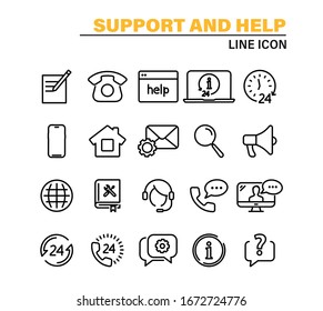 Set of Help and Support lines web icons. Help, Support and Contact. Service support, Customer service, Call center, Phone Assistant, Online Help. Support service