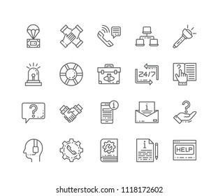Set of Help and Support outline icons isolated on white background. Editable Stroke. 64x64 Pixel Perfect.
