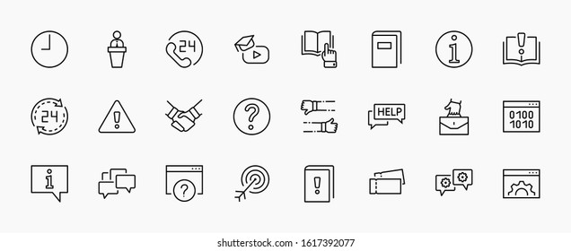 Set of Help And Support Vector Line Icons. Contains such Icons as Handbook, Book, Online Help, Tech Support and more. Editable Stroke. 32x32 Pixels