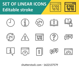 Set of Help And Support Vector Line Icons. Contains such Icons as Handbook, Book, Online Help, Tech Support and more. Editable Stroke. 32x32 Pixels.