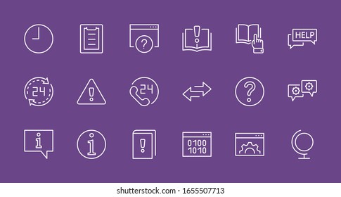 Set of Help And Support Vector Line Icons. Contains such Icons as Handbook, Book, Online Help, Tech Support and more. Editable Stroke. 32x32 Pixels.