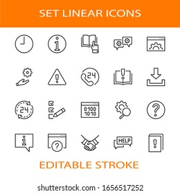 Set of Help And Support Vector Line Icons. Contains such Icons as Handbook, Book, Online Help, Tech Support and more. Editable Stroke. 32x32 Pixels