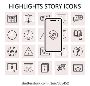 Set of Help And Support Vector Line Icons. Contains such Icons as Handbook, Book, Online Help, Tech Support and more. Editable Stroke. 32x32 Pixels