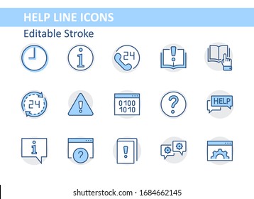 Set of Help And Support Vector Line Icons. Contains such Icons as Handbook, Book, Online Help, Tech Support and more. Editable Stroke. 32x32 Pixels