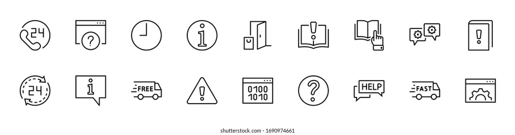 Set of Help And Support Vector Line Icons. Contains such Icons as Handbook, Book, Online Help, Tech Support and more. Editable Stroke. 32x32 Pixels
