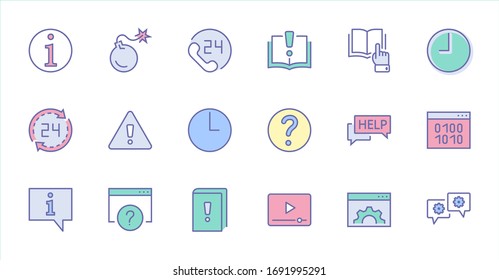 Set of Help And Support Vector Line Icons. Contains such Icons as Handbook, Book, Online Help, Tech Support and more. Editable Stroke. 32x32 Pixels