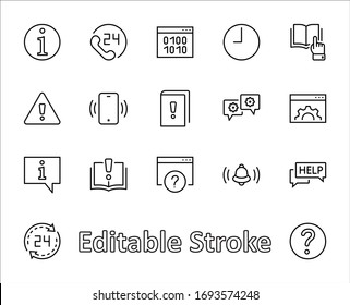 Set of Help And Support Vector Line Icons. Contains such Icons as Handbook, Book, Online Help, Tech Support and more. Editable Stroke. 32x32 Pixels