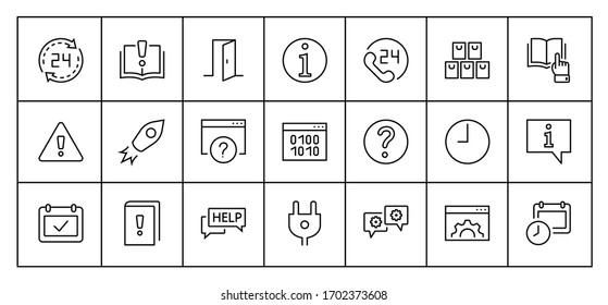 Set of Help And Support Vector Line Icons. Contains such Icons as Handbook, Book, Online Help, Tech Support and more. Editable Stroke. 32x32 Pixels