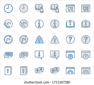 Set of Help And Support Vector Line Icons. Contains such Icons as Handbook, Book, Online Help, Tech Support and more. Editable Stroke. 32x32 Pixels