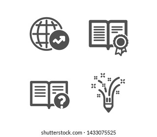 Set of Help, World statistics and Diploma icons. Inspiration sign. Documentation, Global report, Document with badge. Creativity pencil.  Classic design help icon. Flat design. Vector