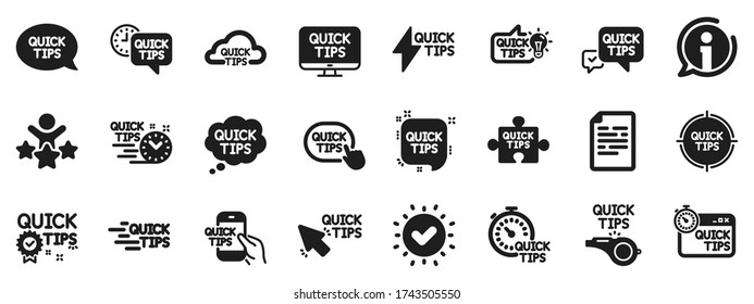 Set of Helpful tricks, Solution and Quickstart guide icons. Quick tips icons. Tutorial, helpful tips and turning tricks. Hand hold smartphone, Quick chat, tutorial, whistle signs. Vector