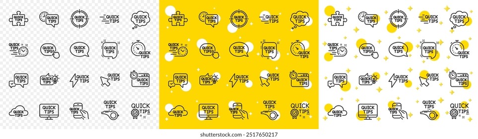 Conjunto de trucos útiles, solución y guía de inicio rápido iconos lineales. Iconos de línea de consejos rápidos. Tutorial, consejos útiles y trucos de giro. Mano sostener el teléfono inteligente, chat rápido, tutorial, signos de silbato. Vector