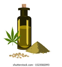 Set with hemp seeps, oil, leaf, and protein pile on white background. Healthy superfood. Flat vector illustration