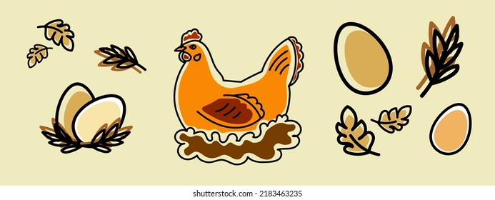 Set of hen with eggs and chicken, farming eco product symbol.