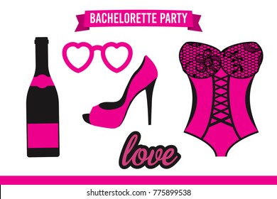 Set of Hen Party banners, props vector elements. Pink black color heart sunglasses and sign love, champagne bottle, shoe, lips on stick, lace corset.