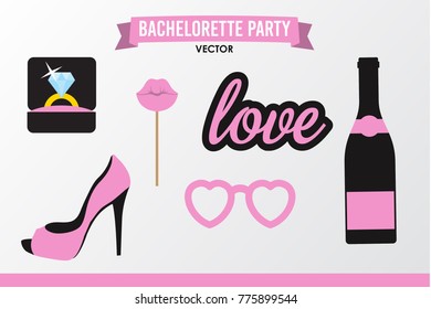 Set of Hen Party banners, props vector elements. Pink black color heart and sign love, champagne bottle, shoe, lips on stick, ring.