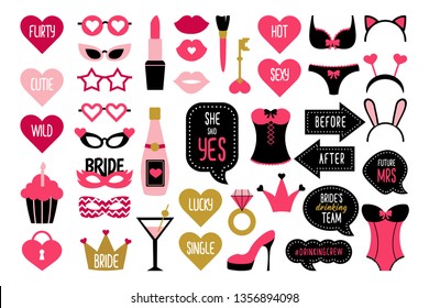 Set of hen party photo booth props. Wedding and bachelorette celebration vector elements. Bridal shower stickers. Quotes team bride, bridesmaid, future mrs, true love