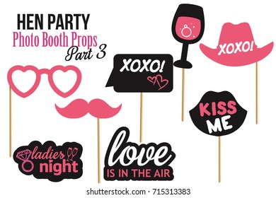 Set of Hen Party photobooth Props vector elements for photo. Pink black color mustaches, champagne glass, hat and signs Kiss me, Love is in the air, xoxo on sticks with glitter. Part 3.