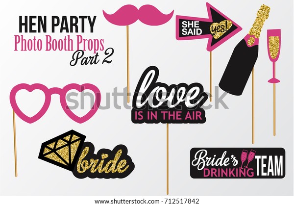 Set of Hen Party photobooth Props vector elements.
Pink black color mustaches, champagne, diamond and signs She said
Yes, Love is in the air, Bride's Drinking Team on sticks with
glitter. Part 2.