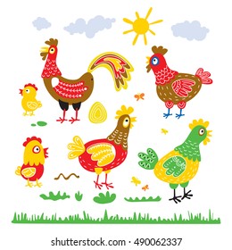 Set hen rooster chicken for children. The character of happy, bright birds. Illustrations for the postcards, T-shirts, artwork, calendars. birthday. kids vector art