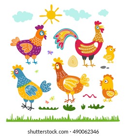 Set hen rooster chicken for children. The character of happy, bright birds. Illustrations for the postcards, T-shirts, artwork, calendars. birthday. kids vector art